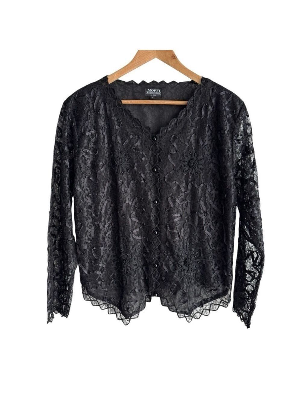 Vintage Full Lace Evening Jacket Sz XL Black Sheer Long Sleeve Party Cocktail
